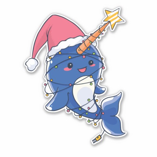 Schattige Kawaii Kerst Narwal Sticker (Voorkant)