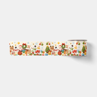 Schattige Kawaii Kerstkarakters Inpakpapier Satijnen Lint