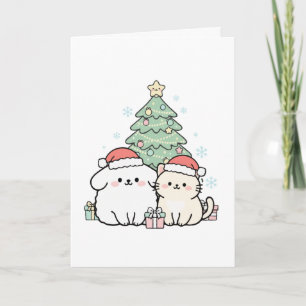 Schattige Kawaii Kerstkat & Hond Festieve Feestdag Kaart