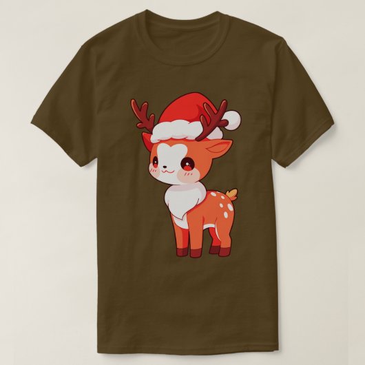 Schattige Kawaii Kerstrendier in Santa Hat T-shirt (Design voorkant)