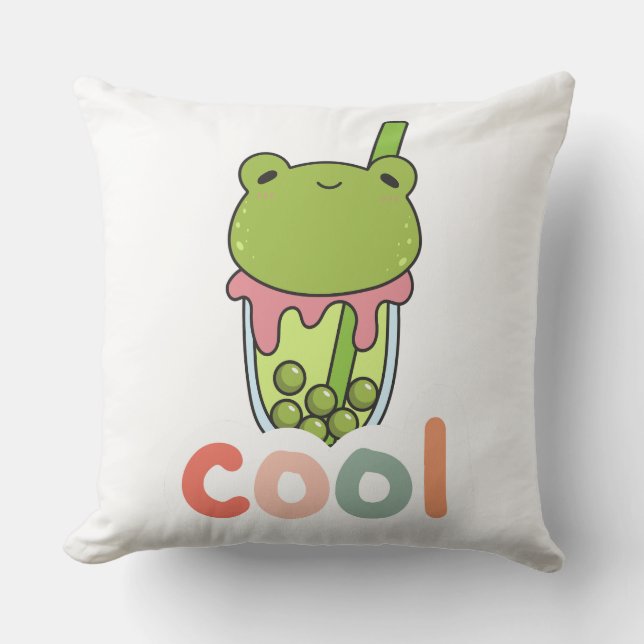 Schattige Kawaii Kikker Bubble Tea Cool Typografie Kussen (Voorkant)