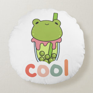 Schattige Kawaii Kikker Bubble Tea Cool Typografie Rond Kussen