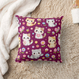 Schattige Kawaii Kittens en Pastelkleuren Bloemen Kussen