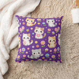Schattige Kawaii Kittens en Pastelkleuren Bloemen Kussen