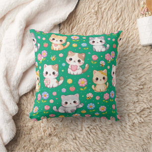 Schattige Kawaii Kittens en Pastelkleuren Bloemen Kussen
