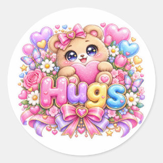 Schattige Kawaii Knuffel Teddybeer Pastel Roze Blo Ronde Sticker