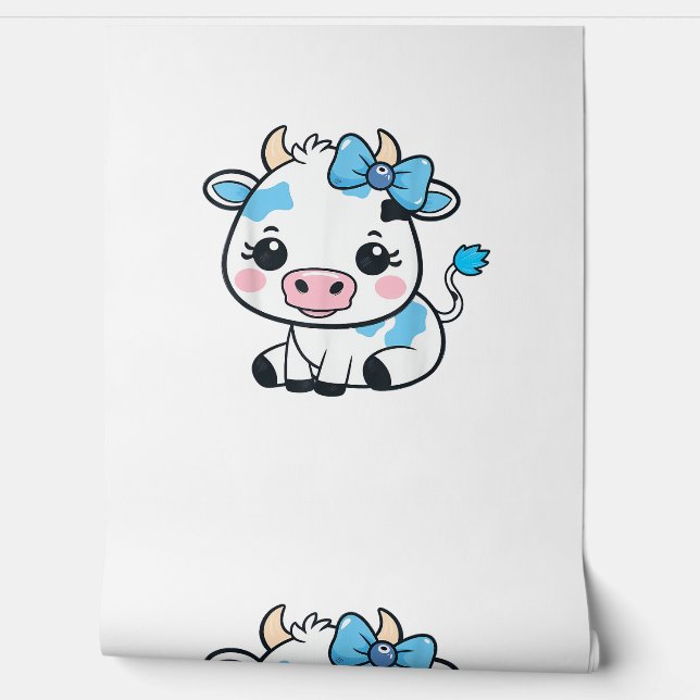 Schattige Kawaii Koe met Cherry en Bow Design Behang (Afrollen)