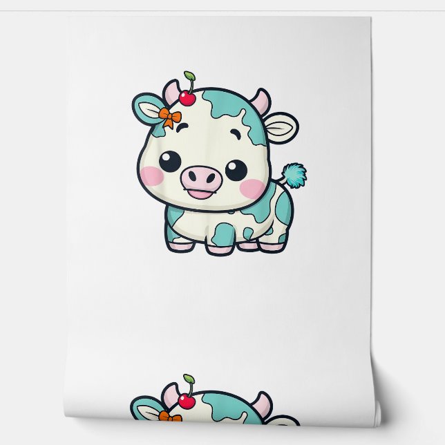 Schattige Kawaii Koe met Kersen en Boog Ontwerp _2 Behang (Afrollen)