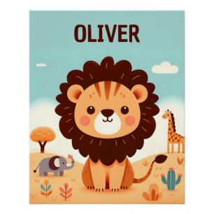 Schattige Kawaii Leeuw met Safari Vrienden Perfect Poster