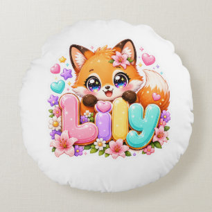 Schattige Kawaii Lily Fox Naam Pastel Roze Bloemig Rond Kussen