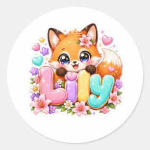 Schattige Kawaii Lily Fox Naam Pastel Roze Bloemig Ronde Sticker