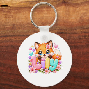 Schattige Kawaii Lily Fox Naam Pastel Roze Bloemig Sleutelhanger