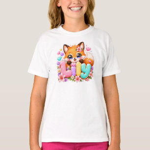 Schattige Kawaii Lily Fox Naam Pastel Roze Bloemig T-shirt