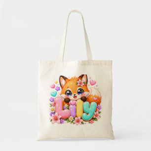Schattige Kawaii Lily Fox Naam Pastel Roze Bloemig Tote Bag