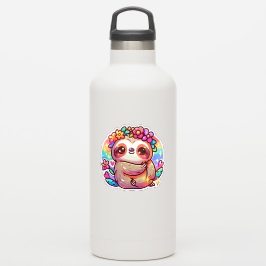 Schattige Kawaii luiaard met bloemkroon Sticker (Waterfles)