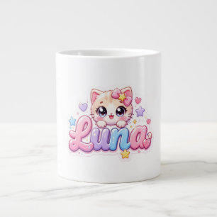 Schattige Kawaii Luna Kat Naam Pastel Roze Glanzen Grote Koffiekop