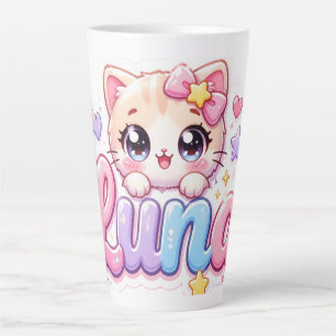 Schattige Kawaii Luna Kat Naam Pastel Roze Glanzen Latte Mok