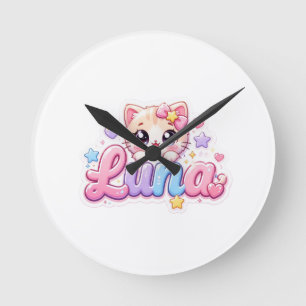 Schattige Kawaii Luna Kat Naam Pastel Roze Glanzen Ronde Klok