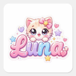 Schattige Kawaii Luna Kat Naam Pastel Roze Glanzen Vierkante Sticker