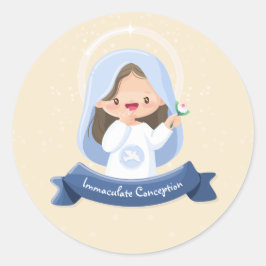 Schattige Kawaii Maagd Maria met Bloem – Beige Ronde Sticker