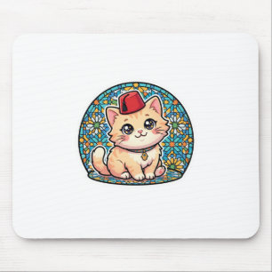 Schattige Kawaii Marokkaanse Kat met Rode Tarboush Muismat