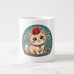 Schattige Kawaii Marokkaanse Kat met Rood Tarboush Grote Koffiekop