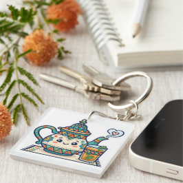 Schattige Kawaii Marokkaanse Munt Theepot en Glas  Sleutelhanger