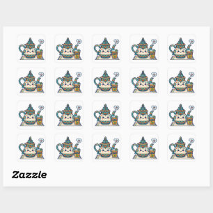 Schattige Kawaii Marokkaanse Munt Theepot en Glas Vierkante Sticker