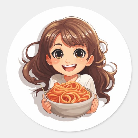 Schattige Kawaii meisje eten spaghetti Ronde Sticker (Voorkant)