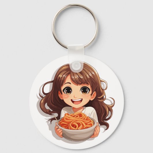 Schattige Kawaii meisje eten spaghetti Sleutelhanger (Voorkant)