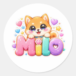 Schattige Kawaii Milo-hondennaam Pastel Roze Glitt Ronde Sticker