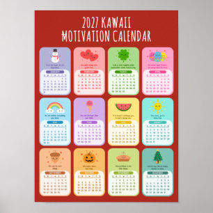 Schattige Kawaii Motiverende 2027 Positiviteitskal Poster