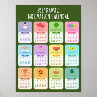 Schattige Kawaii Motiverende 2027 Positiviteitskal Poster