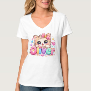 Schattige Kawaii Oliver Kat Naam Pastel Roze Glanz T-shirt