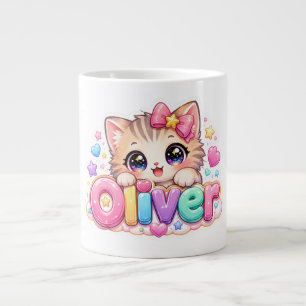 Schattige Kawaii Oliver Kat Naam Pastel Roze Glitt Grote Koffiekop