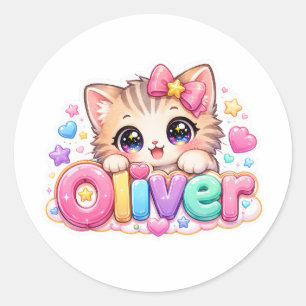 Schattige Kawaii Oliver Kat Naam Pastel Roze Glitt Ronde Sticker