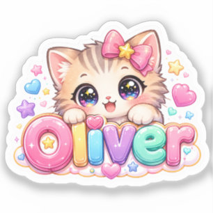 Schattige Kawaii Oliver Kat Naam Pastel Roze Glitt Sticker
