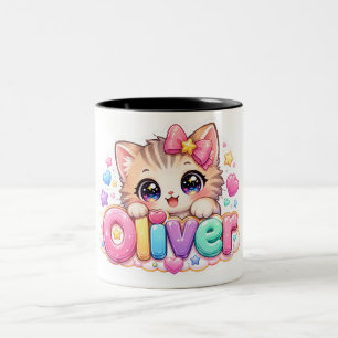 Schattige Kawaii Oliver Kat Naam Pastel Roze Glitt Tweekleurige Koffiemok