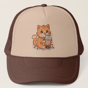 Schattige Kawaii Oranje Lapjeskat Drinkende Boba B Trucker Pet