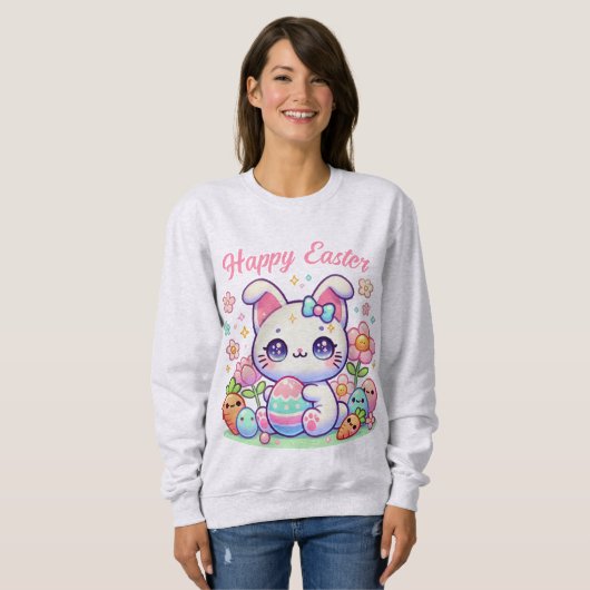 Schattige Kawaii Paaskat Sweatshirt – Bunny Ears (Voorkant volledig)