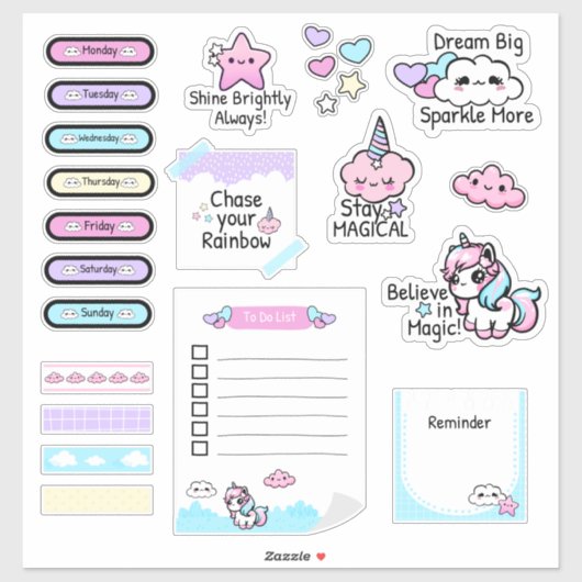 Schattige Kawaii Pastel Eenhoorn Planner Sticker B (Vel)