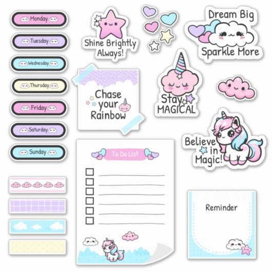 Schattige Kawaii Pastel Eenhoorn Planner Sticker B (Voorkant)