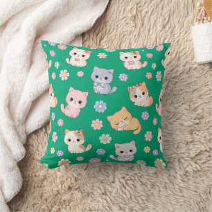 Schattige Kawaii Pastel Kitten en Bloemmotief  Kussen