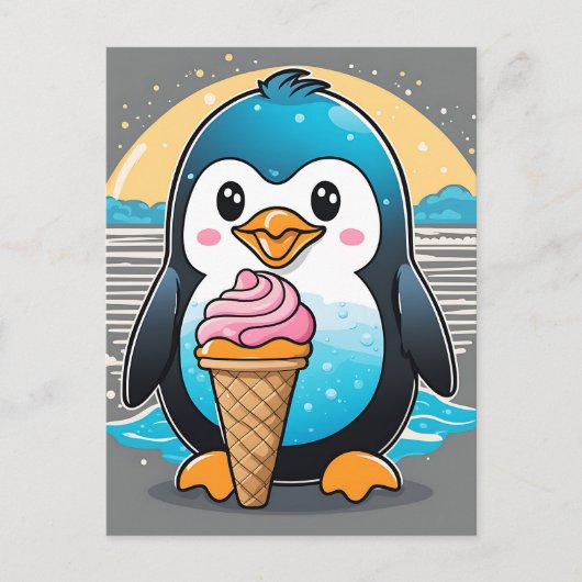 Schattige Kawaii Penguin Ice Cream Beach Briefkaart (Voorkant)