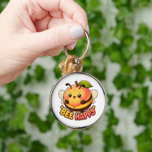 Schattige Kawaii Perzik Bij Gelukkig Grappige Woor Sleutelhanger