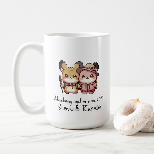 Schattige Kawaii Pika koppel samen op avontuur Koffiemok (Met donut)