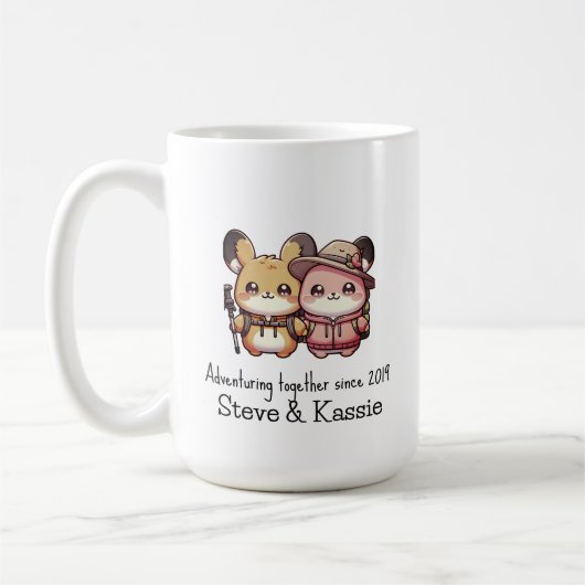 Schattige Kawaii Pika koppel samen op avontuur Koffiemok (Links)