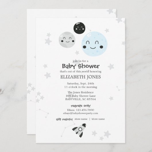 Schattige Kawaii Planet and Moons Baby shower Kaart (Voorkant / Achterkant)