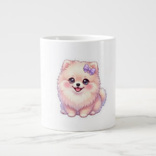 Schattige Kawaii Pomeranian Puppy Hond Paarse Stri Grote Koffiekop