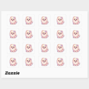 Schattige Kawaii Pomeranian Puppy Hond Paarse Stri Vierkante Sticker